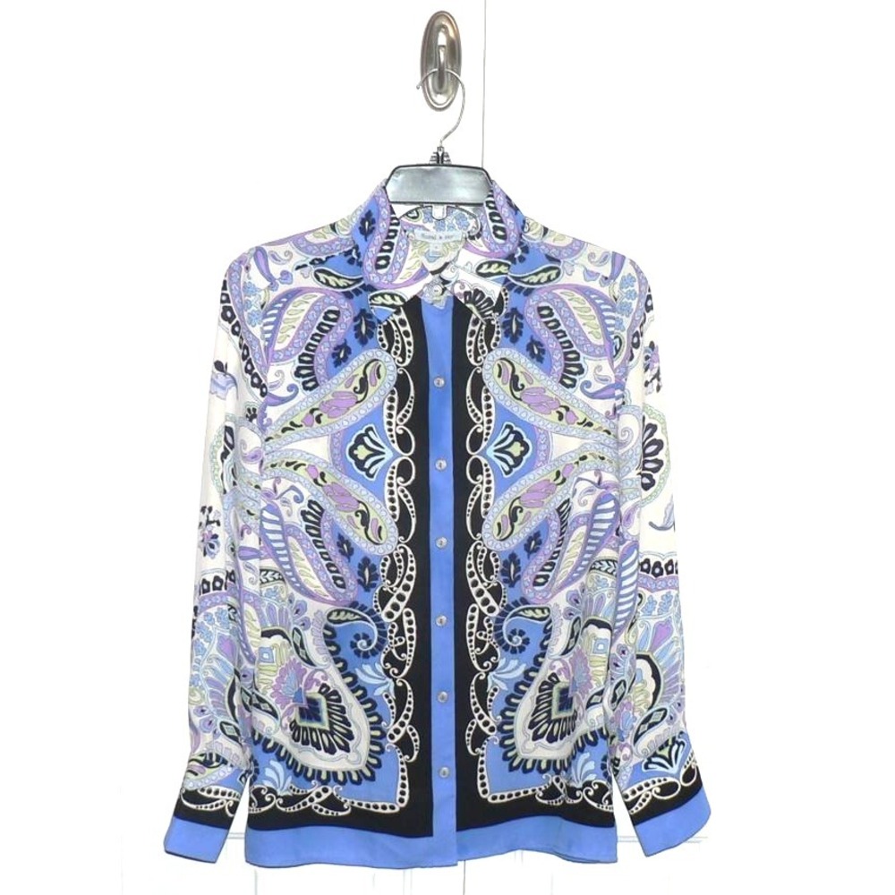 Floral & Ivy Women's Long Sleeve Button Up‎ Paisley Border Shirt In Multi Small